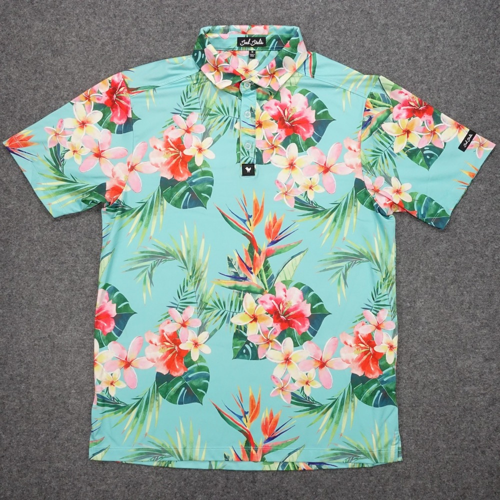 Bad Birdie Golf Polo Shirt Men's Medium Floral Tropical Print Teal Short Sleeve